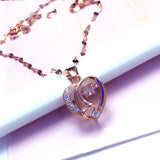 14K Rose Gold Hollow Heart Necklace with Purple Crystal for Women
