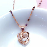 14K Rose Heart Necklace with Purple Inlaid Crystal, Sweet Romantic Jewelry