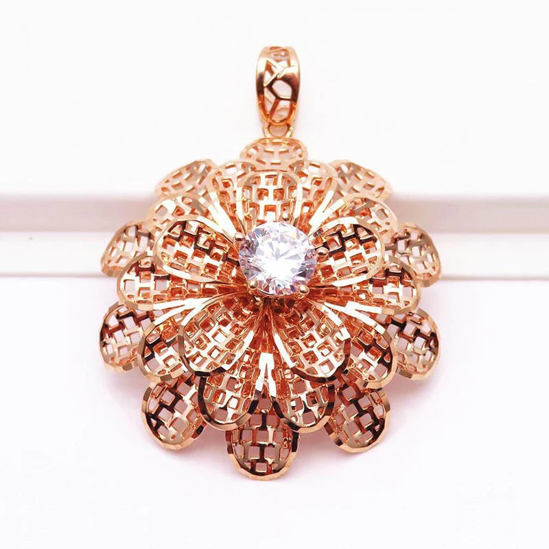 Purple Crystal Flower Pendant Necklace 14K Rose Gold Romantic Wedding Jewelry