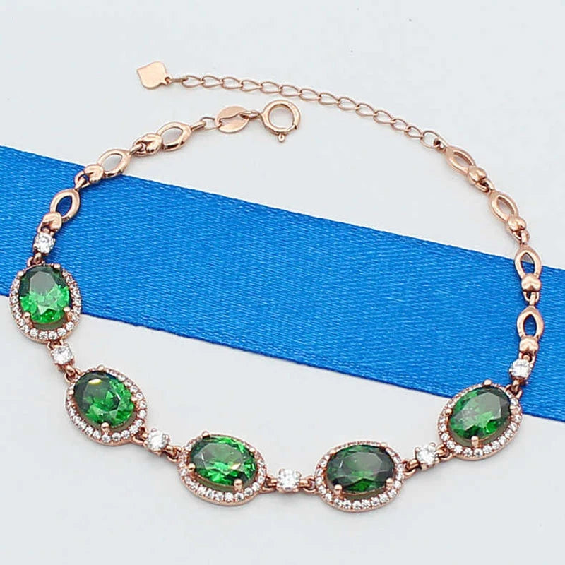 Purple Inlaid Crystal Green Gemstone Bracelet 14K Rose Plated
