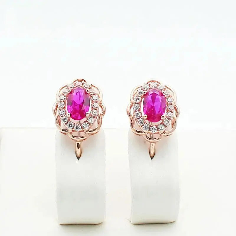 Purple Plated 14K Rose Diamond Ruby Flower Earrings Wedding Jewelry