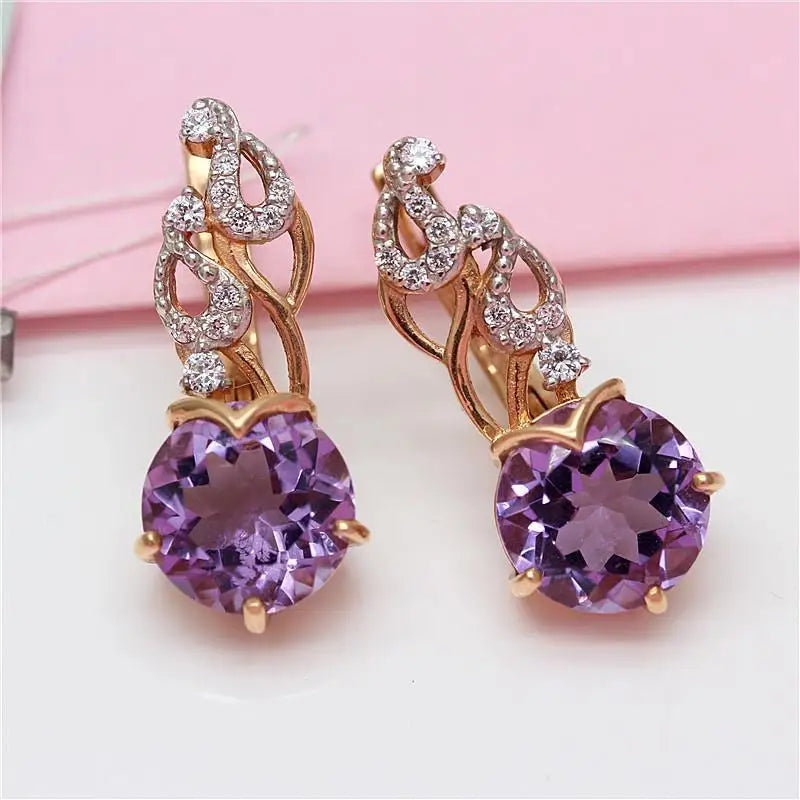 Romantic Amethyst Crystal Drop Earrings, 14K Rose Plated, Wedding Jewelry