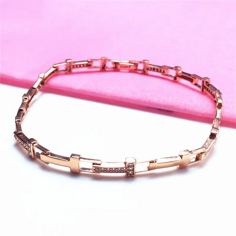 14K Rose Gold Plated Purple Crystal T Letter Bracelet for Women