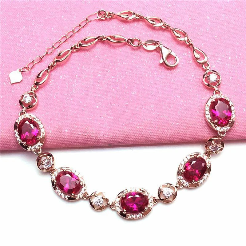 14K Rose Gold Plated Ruby Crystal Oval Bracelet for Women