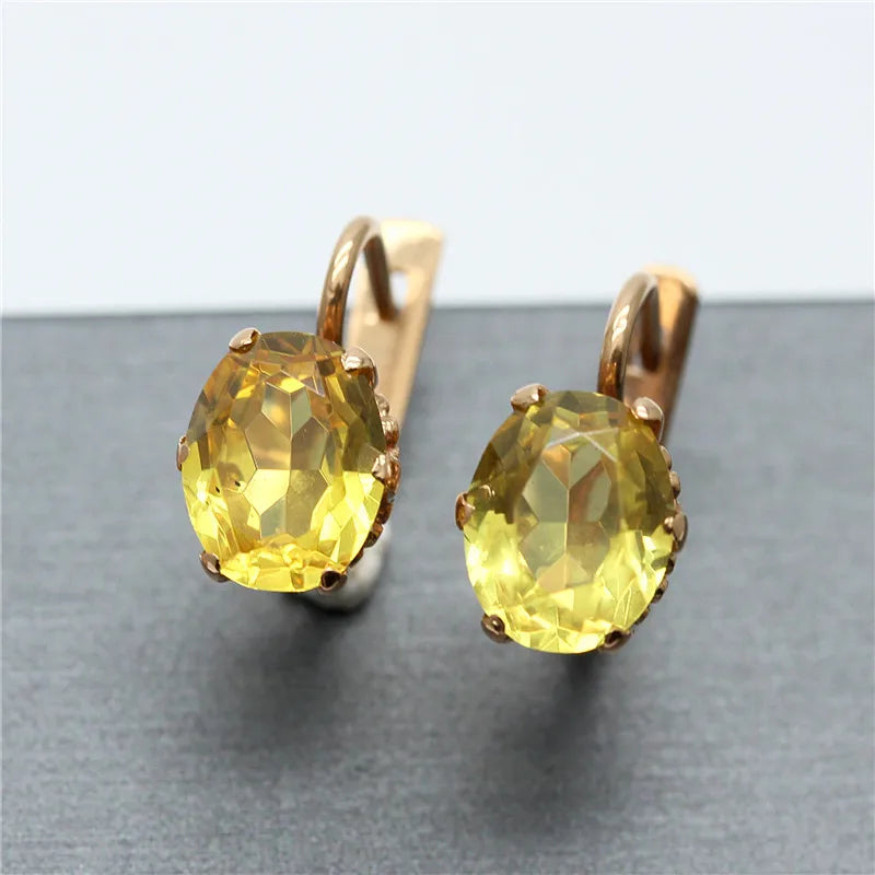 Purple Plated 14K Rose Inlaid Oval Yellow Gem Earrings for Women Wedding