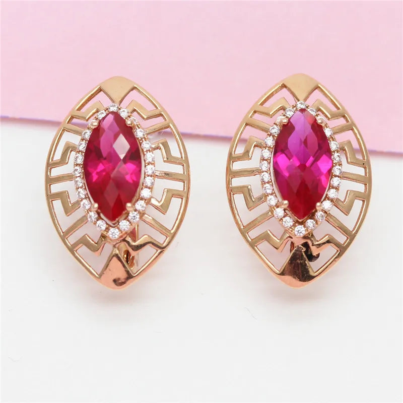 14K Rose Gold Ruby Earrings Marquise Shape Wedding Jewelry