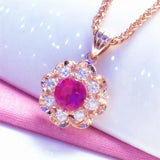 14K Rose Gold Plated Ruby Flower Pendant Necklace for Women