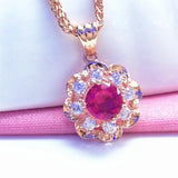 14K Rose Gold Plated Ruby Flower Pendant Necklace for Women