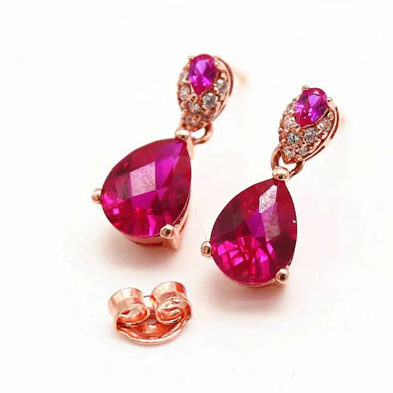 14K Rose Gold Ruby Water Drop Ear Studs Earrings for Women