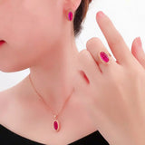 14K Rose Gold Ruby Jewelry Set with Earrings, Ring, and Necklace