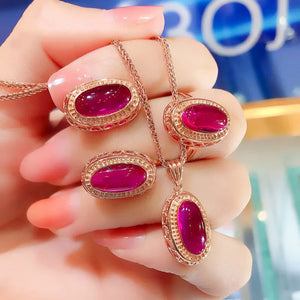 14K Rose Gold Ruby Jewelry Set with Earrings, Ring, and Necklace