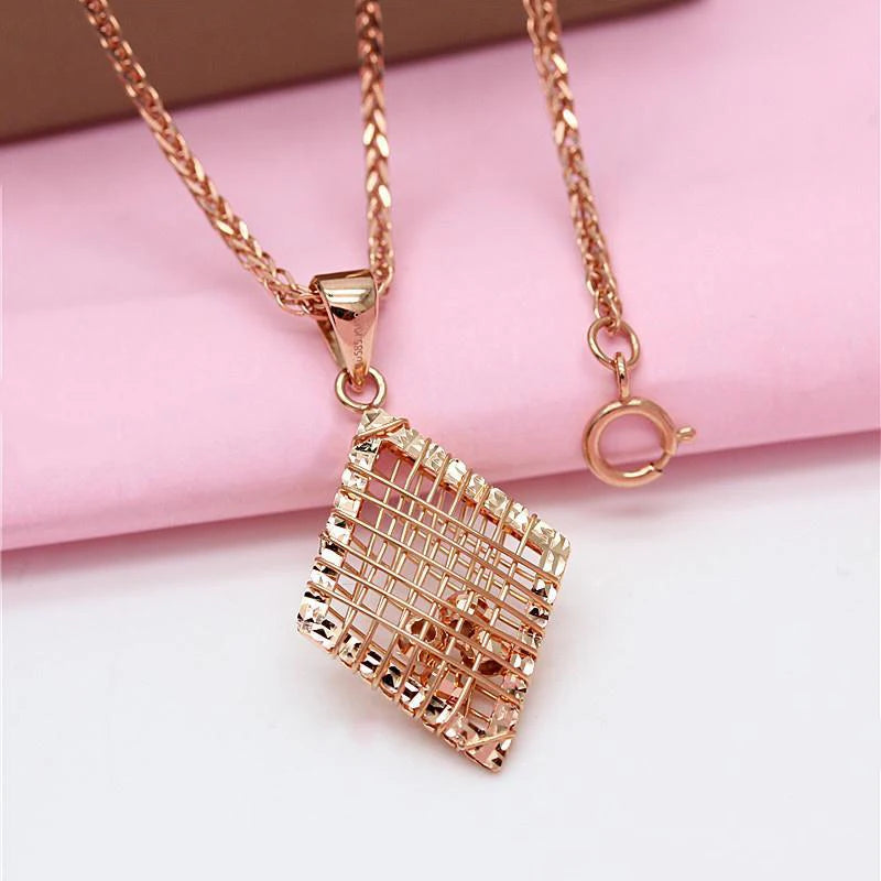 14K Rose Gold Plated Rhombus Hollow Ball Pendant Necklace