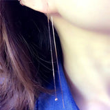 Purple Bead Long Chain Earrings 14K Rose Ear Line Jewelry