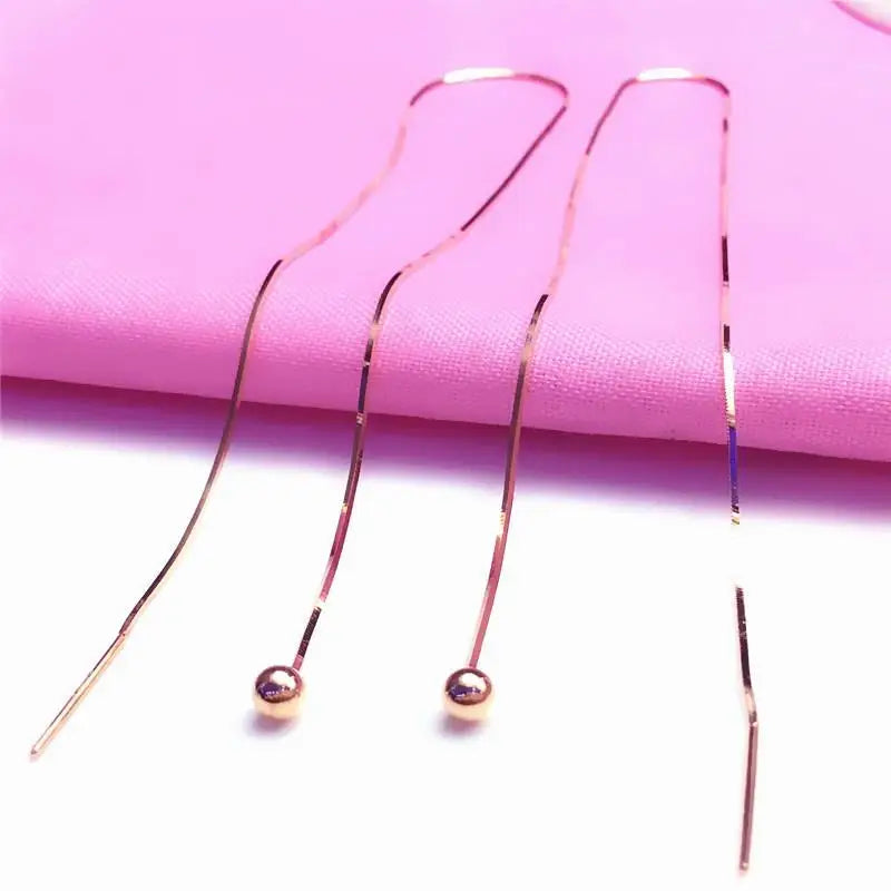 Purple Bead Long Chain Earrings 14K Rose Ear Line Jewelry