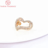 2PCS 12.5x17MM 24K Brass Zircon Heart Stud Earrings DIY Jewelry Findings