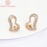2PCS 12.5x17MM 24K Brass Zircon Heart Stud Earrings DIY Jewelry Findings