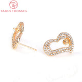 2PCS 12.5x17MM 24K Brass Zircon Heart Stud Earrings DIY Jewelry Findings