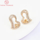 2PCS 12.5x17MM 24K Brass Zircon Heart Stud Earrings DIY Jewelry Findings