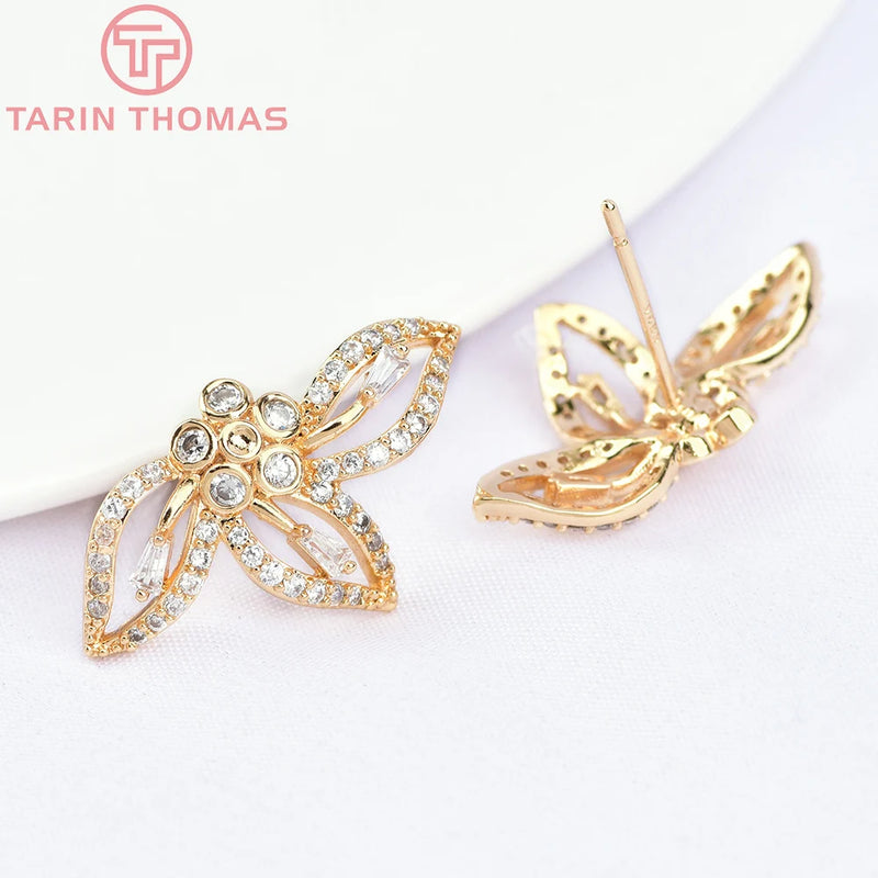 2PCS 23x13.5MM Flower Stud Earrings 24K Brass Zircon DIY Jewelry Findings