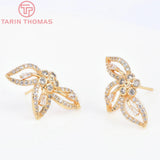 2PCS 23x13.5MM Flower Stud Earrings 24K Brass Zircon DIY Jewelry Findings