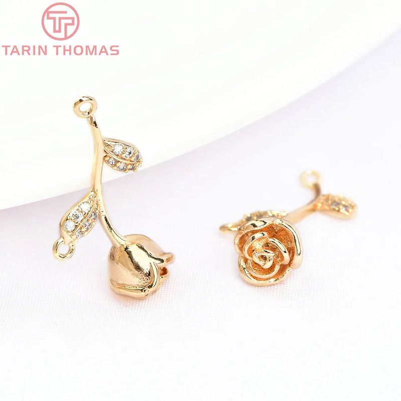 4PCS 12x21MM 24K Brass Rose Charms Pendants for DIY Jewelry Making