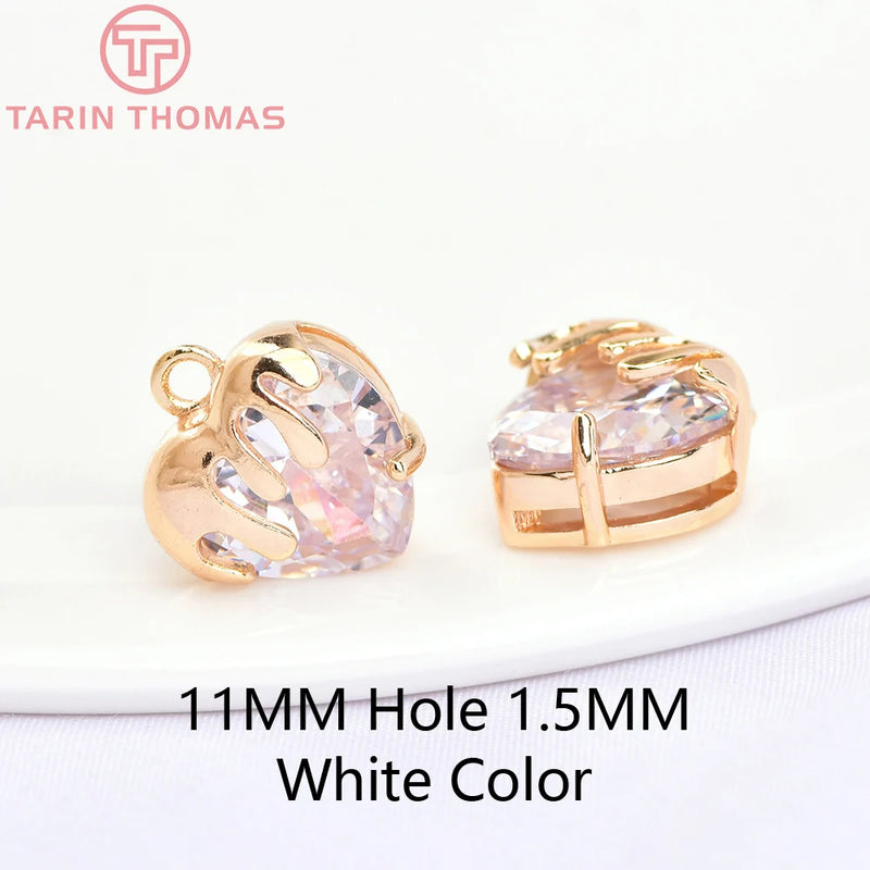 4PCS 24K Brass Zircon Heart Charms Pendants DIY Jewelry Findings