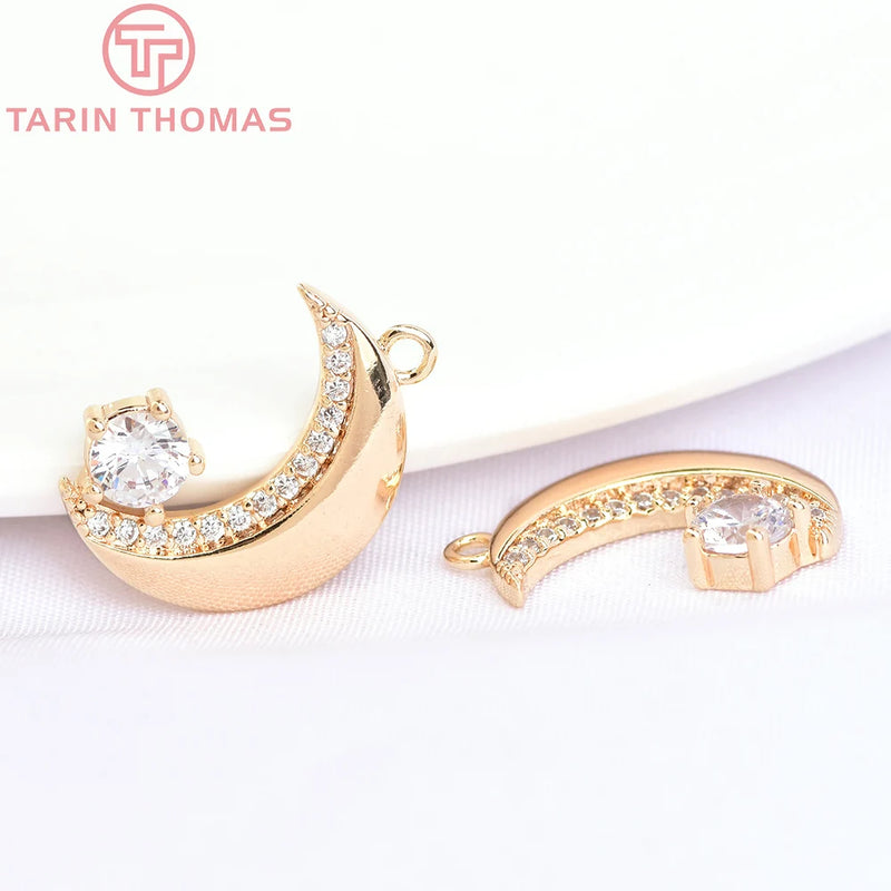 4PCS 11x14MM Moon Charms Pendants 24K Brass Zircon DIY Jewelry Findings