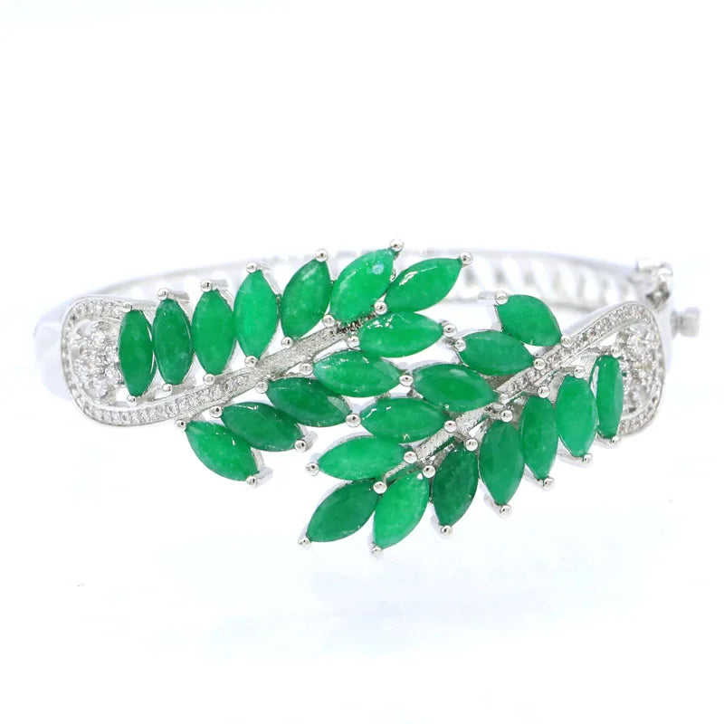 Real Green Emerald Silver Bangle Bracelet 7.5inch
