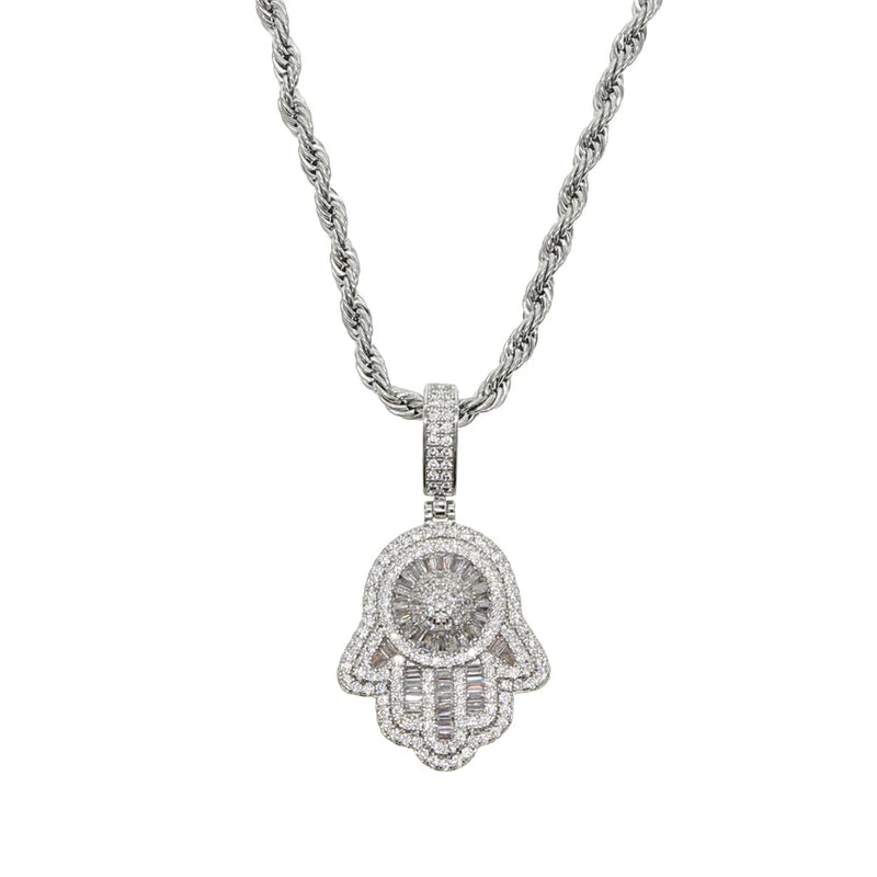 CZ Hip Hop Men's Necklace Square CZ Hamsa Hand Tennis Chain