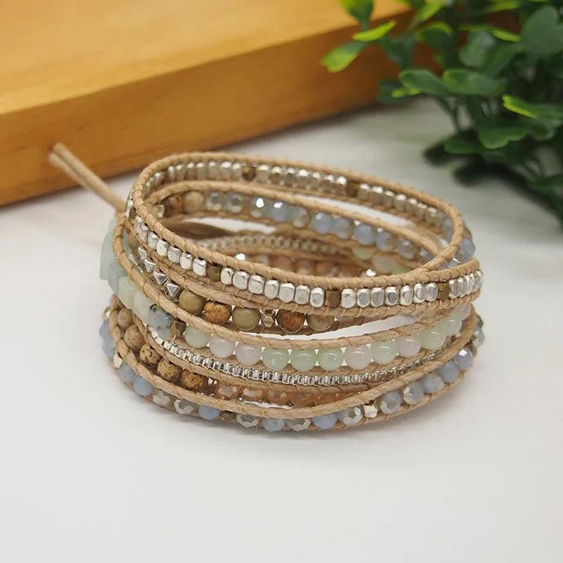 Boho Wrap Bracelet Picture Stone Amazonite Beads Stainless Steel Chain