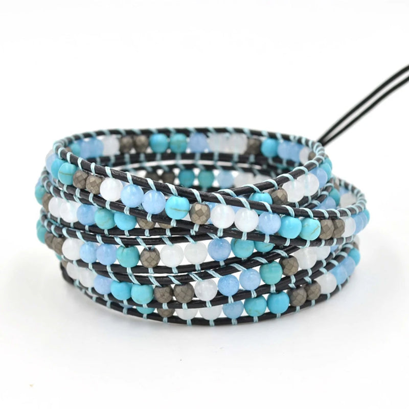 Natural Stone Leather Wrap Bracelet for Women Vishuddha Chakra Stone Chain
