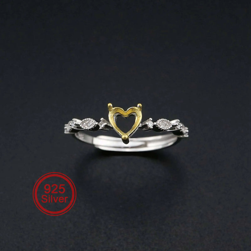 5MM Heart Prong Ring Settings Blank Adjustable Plated Solid 925 Sterling Silver