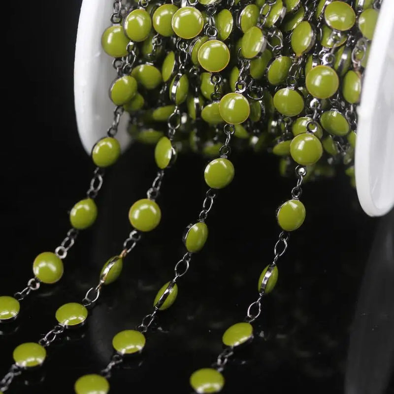 6mm Olive Green Lampwork Beaded Chain Gun Copper Plated
