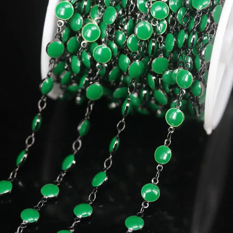 6mm Gun Plated Green Enamel Glass Coin Beads Rosary Chains