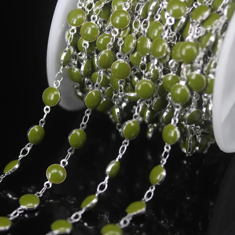 6mm Olive Green Enamel Beaded Rosary Chains, Silver Plated Chokers Chain