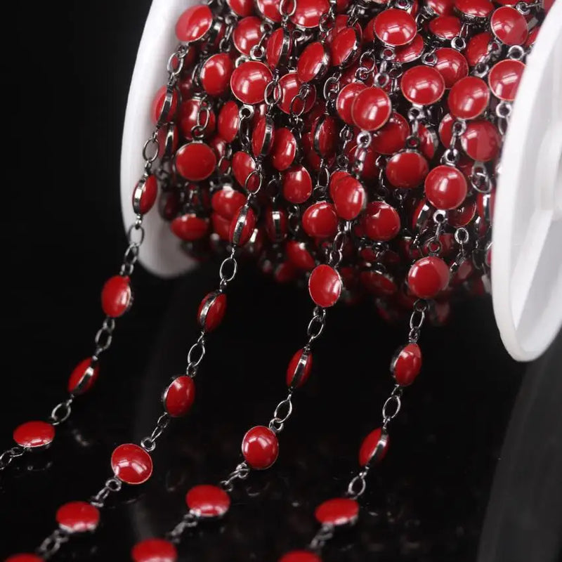 6mm Gunmetal Copper Red Enamel Glass Coin Beads Rosary Chains