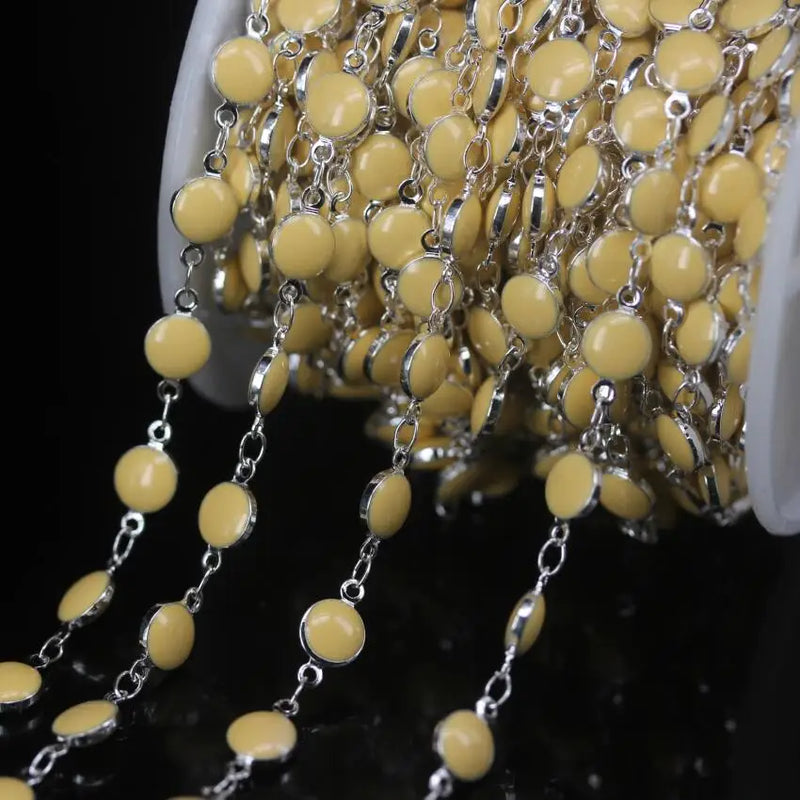 5M Silver Plated Rosary Chain, Yellow Lampwork Beaded, Enamel Glass Coin Bead