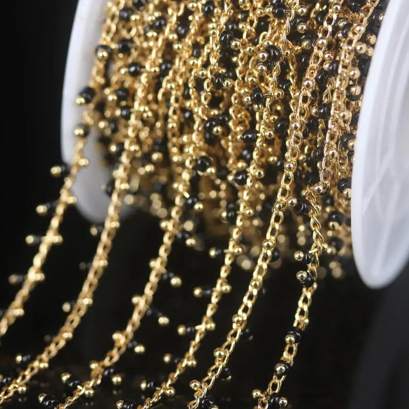 Black Glass Rondelle Rosary Chain Plated Golden Brass Wire Wrapped Beads