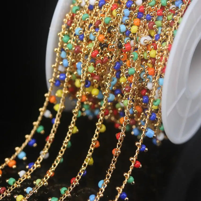 Colourful Glass Cube Beads Rosary Chain,Wire Wrapped Rondelle Jewelry