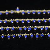 Lapis Glass Cube Beads Rosary Chain Golden Brass Wire Wrapped Rondelle