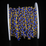 Lapis Glass Cube Beads Rosary Chain Golden Brass Wire Wrapped Rondelle