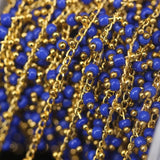 Lapis Glass Cube Beads Rosary Chain Golden Brass Wire Wrapped Rondelle