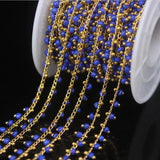 Lapis Glass Cube Beads Rosary Chain Golden Brass Wire Wrapped Rondelle