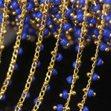 Lapis Glass Cube Beads Rosary Chain Golden Brass Wire Wrapped Rondelle