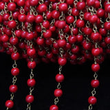 Red Turquoise 6mm Bead Rosary Chain, Howlite Magnesite Link Brass Chain