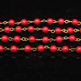 Red Turquoise 6mm Bead Rosary Chain, Howlite Magnesite Link Brass Chain