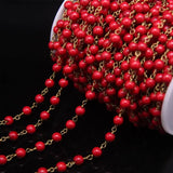 Red Turquoise 6mm Bead Rosary Chain, Howlite Magnesite Link Brass Chain