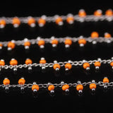 Silver Plated Orange Cube Beads Rosary Chain, Glass Rondelle Women Sweater Chain