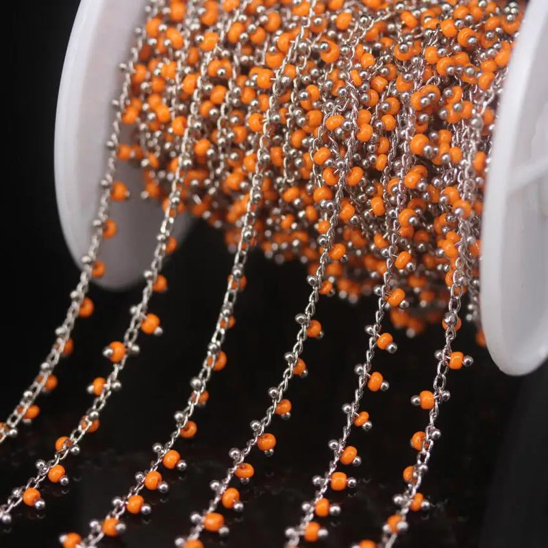 Silver Plated Orange Cube Beads Rosary Chain, Glass Rondelle Women Sweater Chain