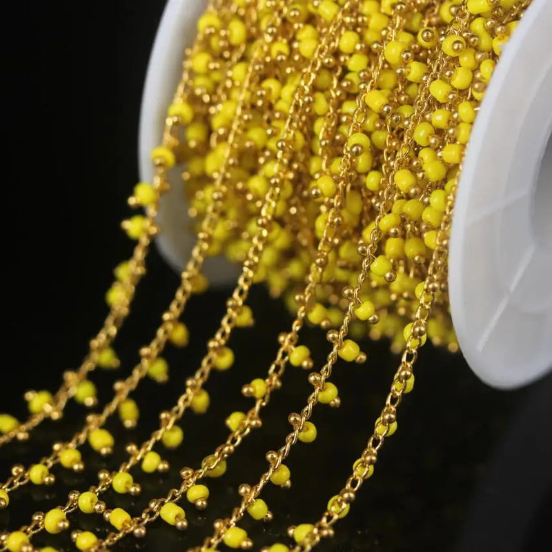 Yellow Cube Beads Rosary Chain Glass Rondelle with Brass Wire